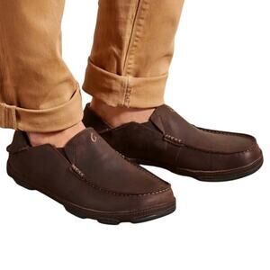 OluKai Moloa Men's Leather Slip-On Loafers Dark Wood Java Brown Size 14